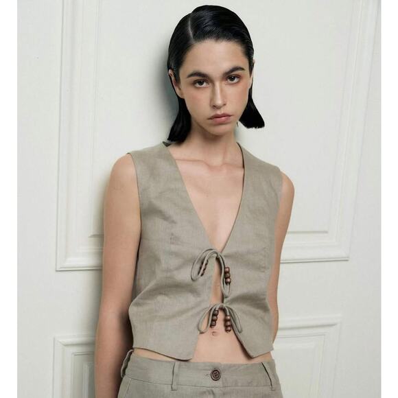 ZARA Sleeveless Linen Vest NWT | Beige Beaded Tie-Front Top Size L - Picture 11 of 16